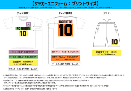 サッカーユニフォーム背番号やチーム名のサイズ